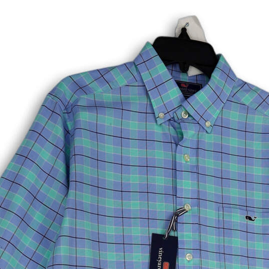 NWT Mens Blue Green Plaid Long Sleeve Collared Button-Up Shirt Size Medium image number 3