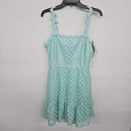 Aqua Spaghetti Strap Crochet Lace Dress With Ruffle Hem image number 1