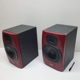 VTG. Pair Of Tannoy Reveal Red Bookshelf Speakers Approx. 9x10x13.5 In. Untested P/R