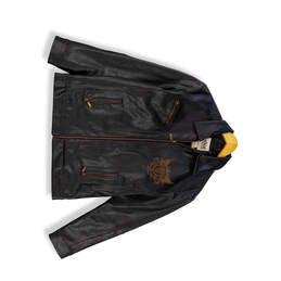 Mens Black Leather Long Sleeve Collared Full Zip Motorcycle Jacket Size Medium