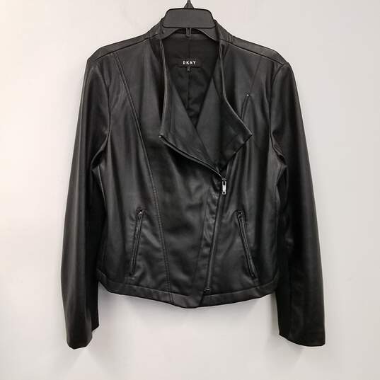 Womens Black Long Sleeve Asymmetrical Zipper Motorcycle Jacket Size Large image number 1