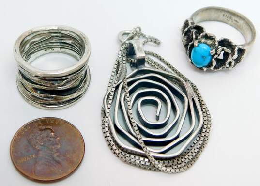Artisan 925 Open Spiral Pendant Necklace & Turquoise Cabochon Brutalist & Textured Wide Band Rings 23.5g image number 6
