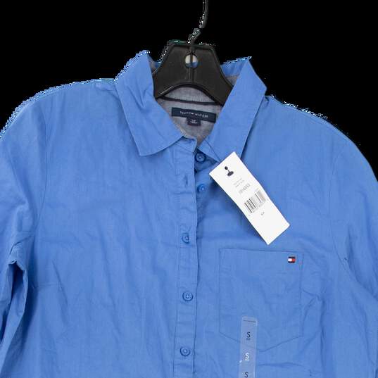 NWT Mens Blue Long Sleeve Collared Pocket Dress Shirt Size Small image number 1