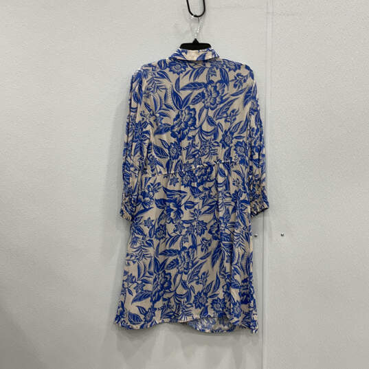 Womens Blue White Floral 3/4 Sleeve Collared Button Front Shirt Dress Sz L image number 2