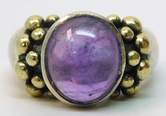 Artisan Two Tone Sterling Silver Amethyst Cabochon Dotted Ring 9.5g image number 3