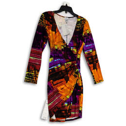 NWT Womens Multicolor Abstract Long Sleeve Ruched V-Neck Bodycon Dress Sz M