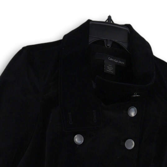 Womens Black Velvet Collared Long Sleeve Double Breasted Peacoat Size Large image number 3
