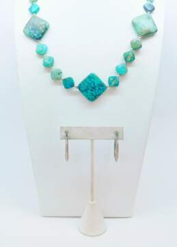 Artisan 925 Turquoise Squares Ball & Granulated Beaded Statement Necklace & Stamped Geometric Hoop Earrings 80g