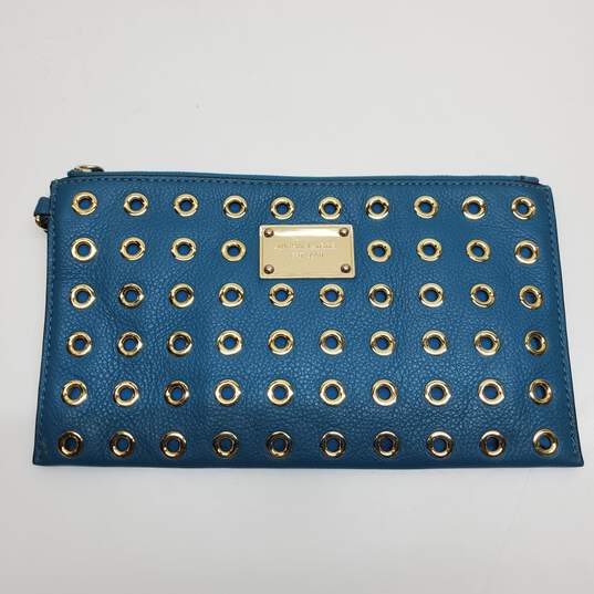 Michael Kors Leather Hand Wallet Blue Gold image number 1