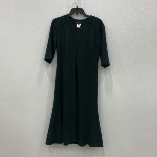 Womens Green 3/4 Sleeve Round Neck Front Zip Casual A-Line Dress Size 8 image number 1