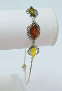 Artisan 925 Pearl Seashell Pendant Necklace & Amber Marquise Cabochons Scrolled Adjustable Bracelet 10.4g alternative image