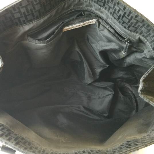 Tommy Hilfiger Black Signature Monogram Canvas Leather Zip Medium Tote Bag Handbag | GoodwillFinds