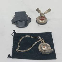 Harley Davidson Franklin Mint Pocket Watch W/ Leather Case & Statue