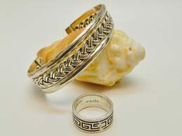 Taxco Mexican Modernist 925 Sterling Silver Braided Cuff Bracelet & Greek Key Motif Band Ring 33.1g