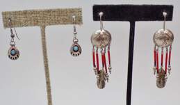 Artisan 925 Sterling Silver LHTC 87-88 Signed Feather Drop & Faux Turquoise Bear Claw Drop Earrings 7.4g