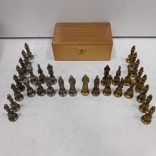 Wooden Box Full Chess Pieces Silver Tone & Gold Tone image number 1