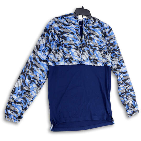 Mens Blue Camouflage Hooded Long Sleeve Pullover Windbreaker Jacket Size S image number 1