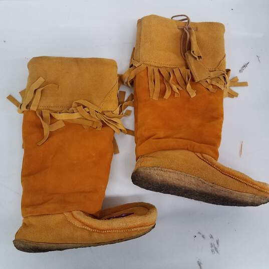 Buy the Tall Moccasin Boots Suede Fringe | GoodwillFinds