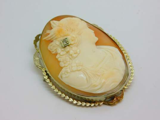 Vintage 14K White Gold 2mm Diamond Unique Carved Shell Cameo Brooch 18.3g image number 1