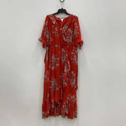 NWT Womens Red White Floral Pleated Short Sleeve Ruffled Wrap Dress Size 1X