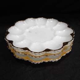 3pc. Set of Milk Glass Serving Plates with Golden Trim