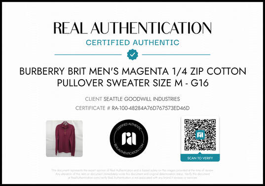 Burberry Brit Men's Magenta 1/4 Zip Cotton Pullover Sweater Size M - AUTHENTICATED image number 2