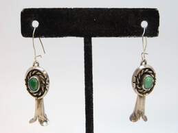 Artisan 925 Southwestern Turquoise Cabochon Rope Notched Squash Blossom Drop Earrings 6.9g alternative image