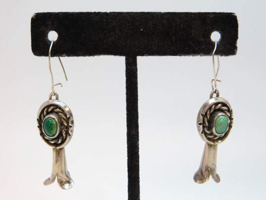 Artisan 925 Southwestern Turquoise Cabochon Rope Notched Squash Blossom Drop Earrings 6.9g image number 2
