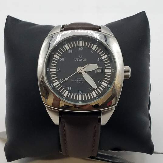 Visage 46mm Oversize Case Vintage design Brown Leather Strap Men's Quartz Watch image number 2