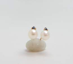14K Yellow Gold Pearl & Sapphire Accent Stud Earrings 1.1g