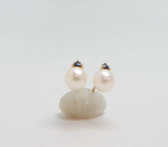 14K Yellow Gold Pearl & Sapphire Accent Stud Earrings 1.1g image number 1
