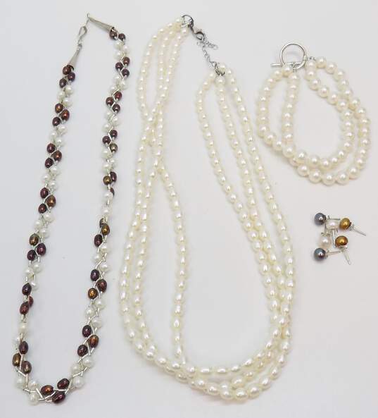Romantic 925 White Pearls Multi Strand & Brown Braided Necklaces Toggle Bracelet & Brown & Grey Pearl Post Earrings Variety 77g image number 1