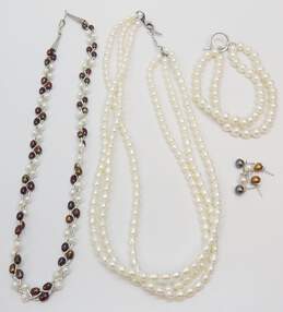 Romantic 925 White Pearls Multi Strand & Brown Braided Necklaces Toggle Bracelet & Brown & Grey Pearl Post Earrings Variety 77g