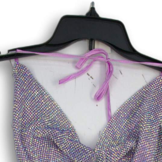NWT Womens Purple Rhinestone Sequin Backless Cowl Neck Blouse Top One Size image number 3