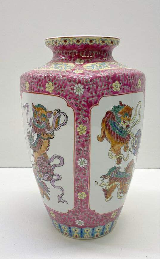 Oriental Table Vase Dragon / Foo Dog Motif 12in Tall Asian Pottery image number 4