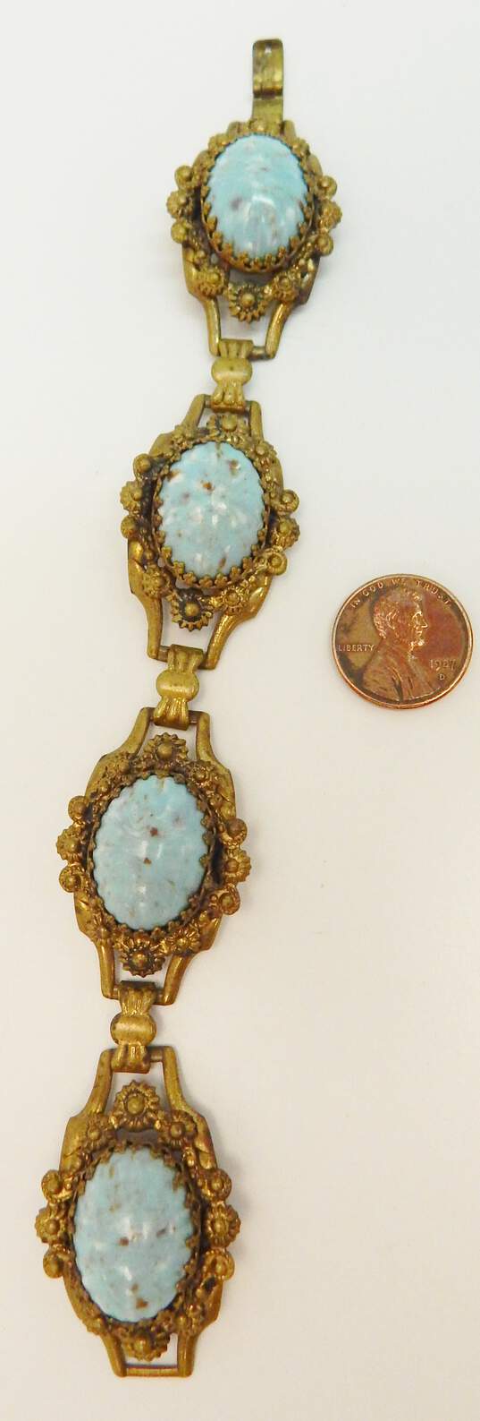 Vintage Karu Fifth Avenue Speckled Robins Egg Blue Glass Cabochon Bracelet 32.5g image number 6