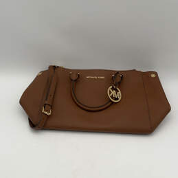 Womens Brown Leather Adjustable Strap Inner Pocket Bottom Studs Satchel Bag