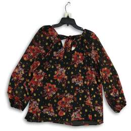 Womens Red Gold Floral Sheer Long Sleeve V-Neck Pullover Blouse Top Size XL alternative image