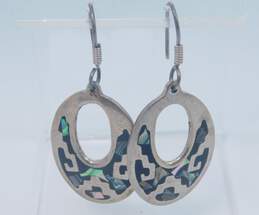 Taxco Mexico 925 Abalone Shell Chips Black Enamel Inlay Open Oval Drop Earrings 12.5g