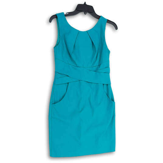 Womens Blue Sleeveless Round Neck Pockets Back Zip Sheath Dress Size 7 image number 1