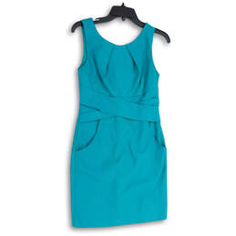 Womens Blue Sleeveless Round Neck Pockets Back Zip Sheath Dress Size 7