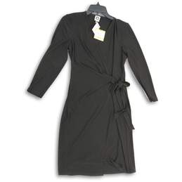 NWT Anne Klein Womens Black Surplice Neck Long Sleeve Tie-Waist Wrap Dress Sz S