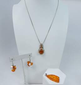 Artisan 925 Amber & Orange Glass Pendant Necklaces & Pearl Beads Drop Earrings