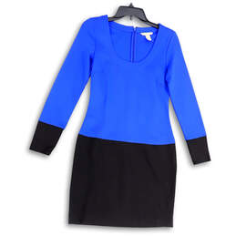 Womens Blue Black Round Neck Long Sleeve Back Zip Bodycon Dress Size 2