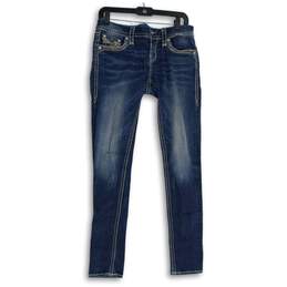 Womens Blue Embroidered Denim Medium Wash 5-Pocket Design Straight Jeans Size 28