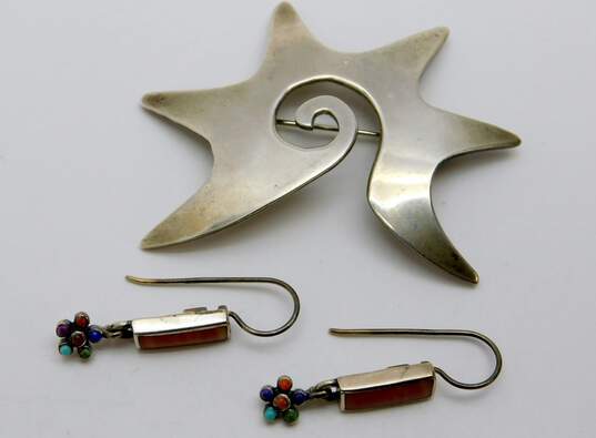 Artisan Mexico 925 Faux Stone Rectangle Flower Charm Drop Earrings & Spiky Star Spiral Brooch 16.1g image number 1