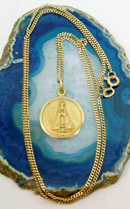 18K Yellow Gold Mary Religious Medal Pendant Curb Chain Necklace 6.4g