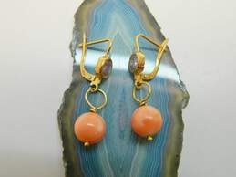 18K Yellow Gold Purple CZ Coral Ball Bead Dangle Earrings 5.0g