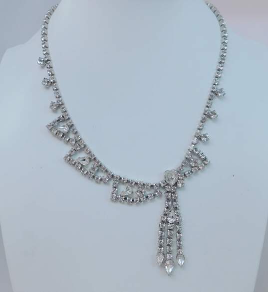 Vintage Silvertone Icy Clear Rhinestone Scalloped & Dangle Bib Necklaces Drop Screw Back Earrings & Star Brooch Pendant 58.1g image number 2