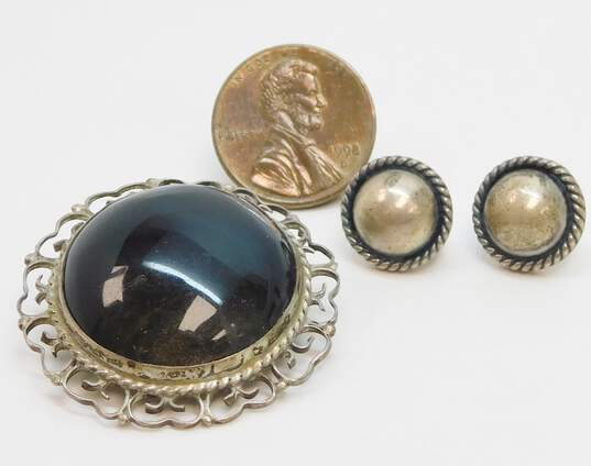 Vintage Mexico 925 Gold Sheen Obsidian Cabochon Scrolled Circle Pendant Brooch & Dome Rope Post Earrings 15.7g image number 5